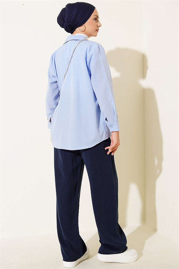 Tencel Trousers with Elastic Waist and Pockets, Navy Blue