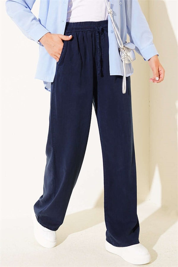 Tencel Trousers with Elastic Waist and Pockets, Navy Blue