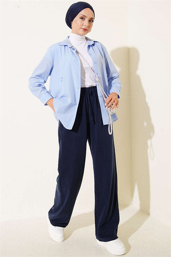 Tencel Trousers with Elastic Waist and Pockets, Navy Blue