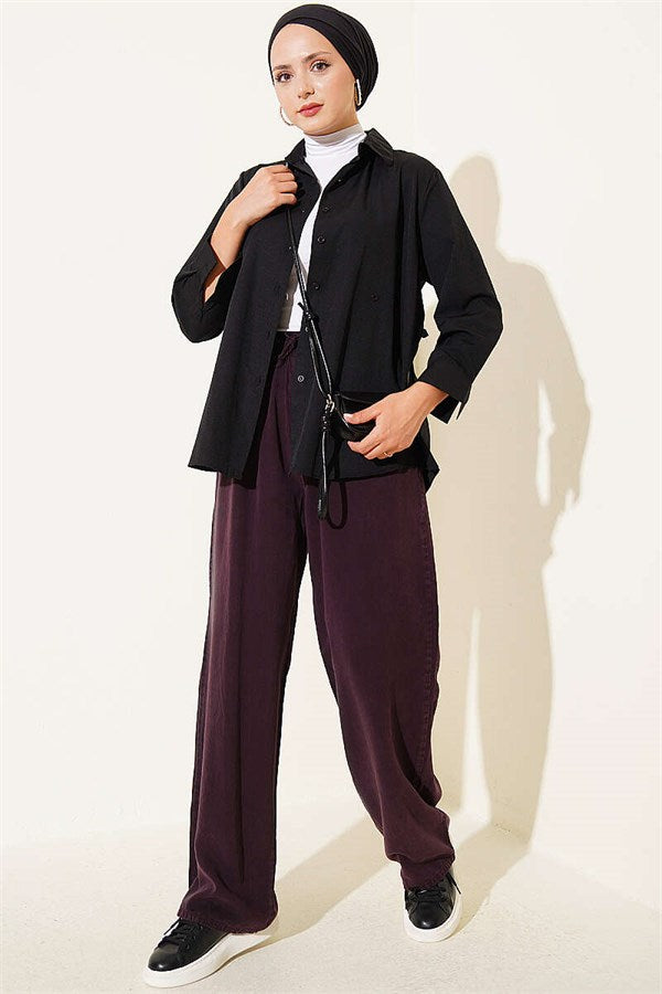 Tencel Trousers with Elastic Waist and Pockets, Plum