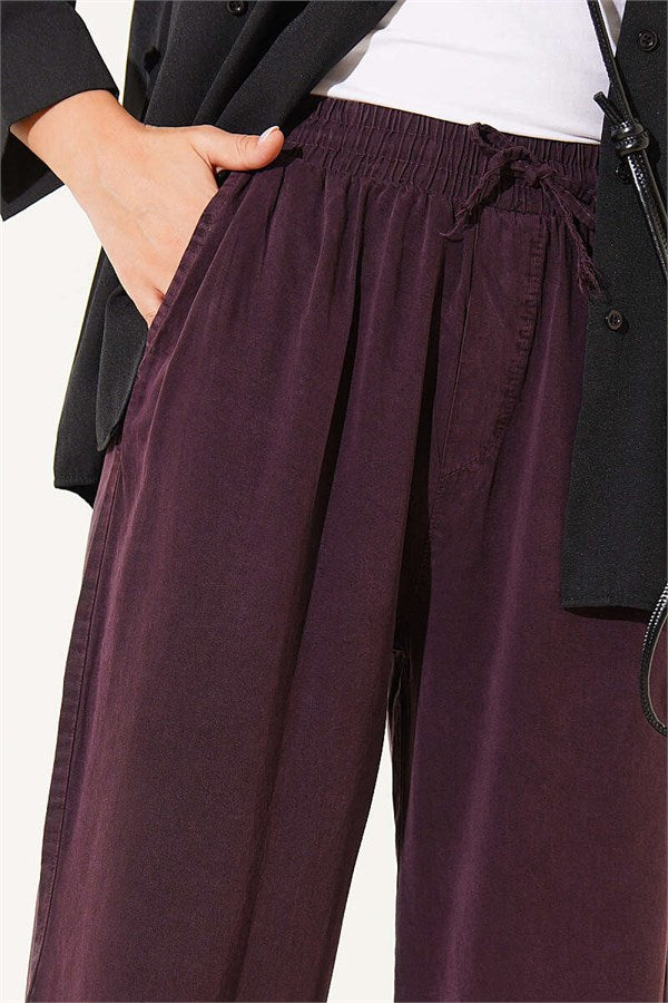 Tencel Trousers with Elastic Waist and Pockets, Plum