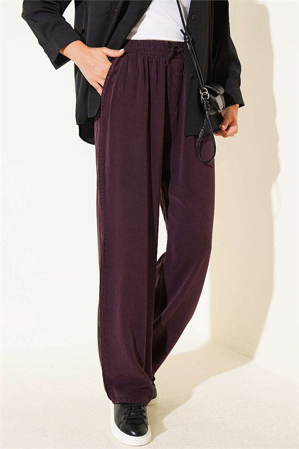 Tencel Trousers with Elastic Waist and Pockets, Plum