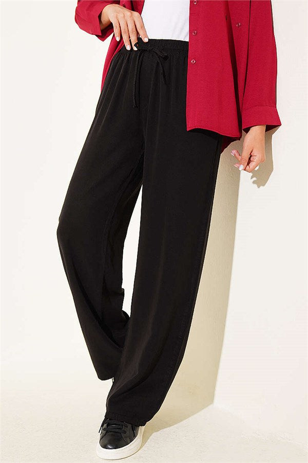 Elastic Waist, Pocketed Tencel Trousers, Black