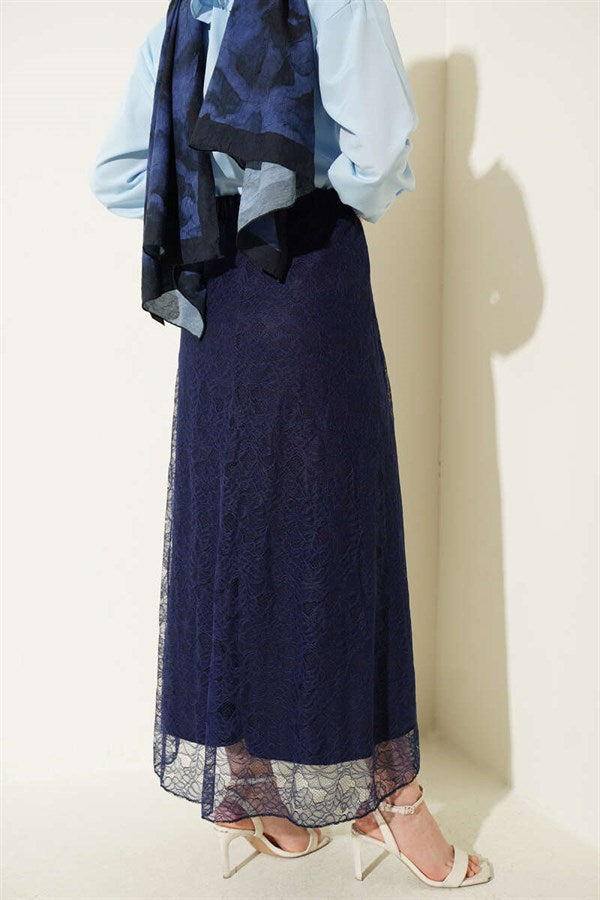 Navy Blue Floral Lace Skirt with Elastic Waistband