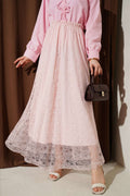 Powder Pink Skirt with Elastic Waist and Floral Lace Trim