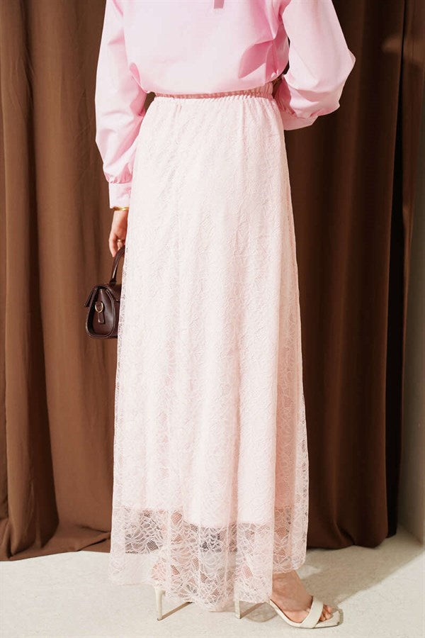 Powder Pink Skirt with Elastic Waist and Floral Lace Trim