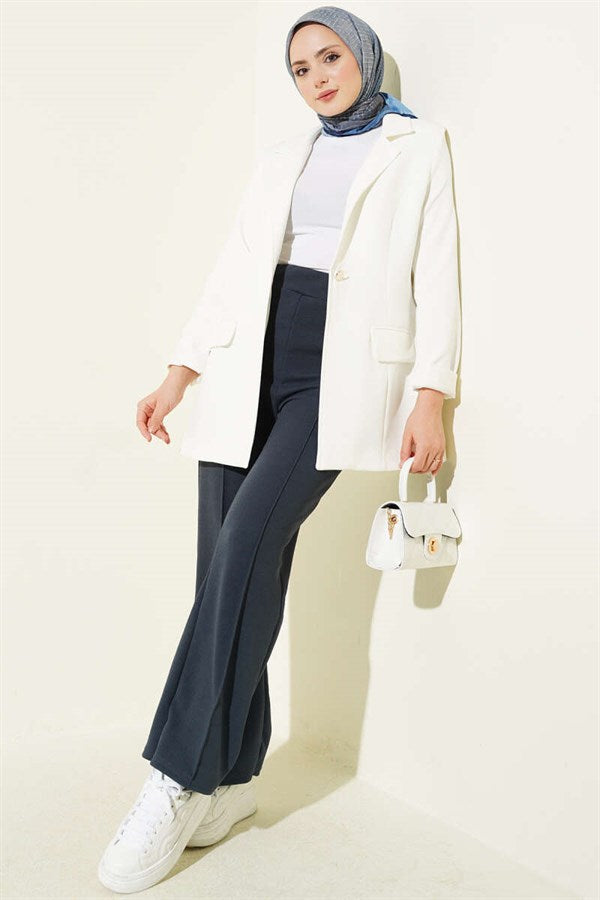 Elastic Waistband Trimmed Trousers, Smoke Grey