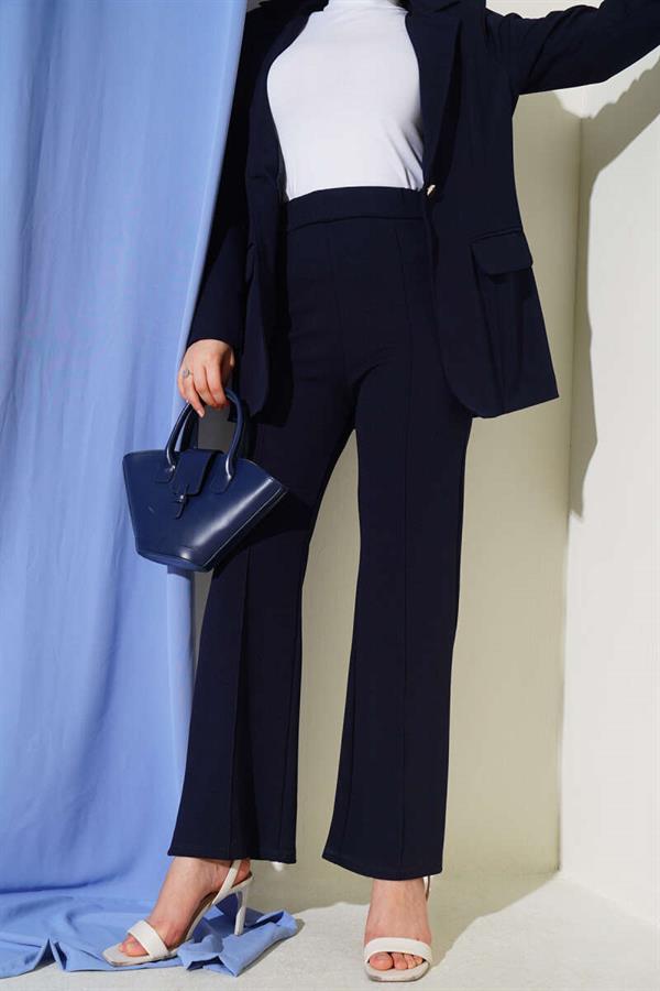Elastic Waist Trousers with Ribbon Navy Blue