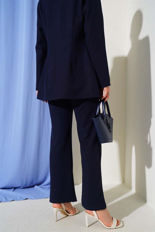 Elastic Waist Trousers with Ribbon Navy Blue