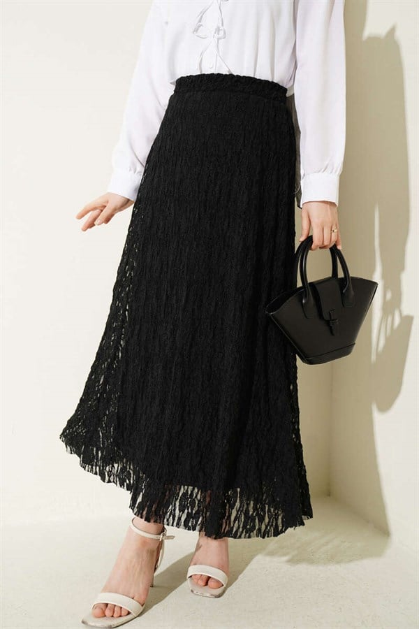 Black Lace Skirt with Elastic Waist