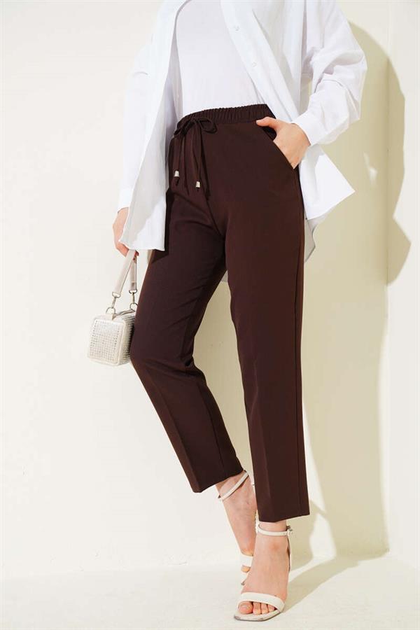 Elastic Waist Skinny Leg Trousers Bitter Brown