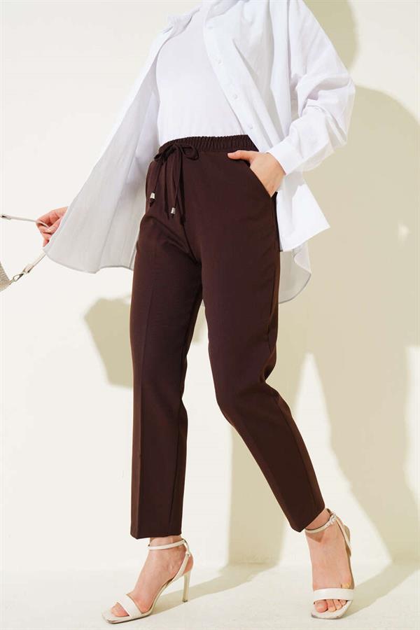 Elastic Waist Skinny Leg Trousers Bitter Brown