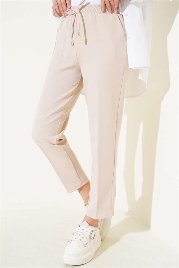 Elastic Waist Skinny Leg Trousers Beige