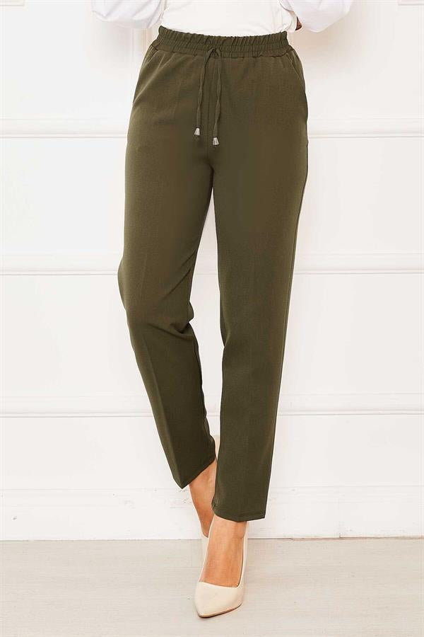 Elastic Waist Skinny Leg Trousers Khaki