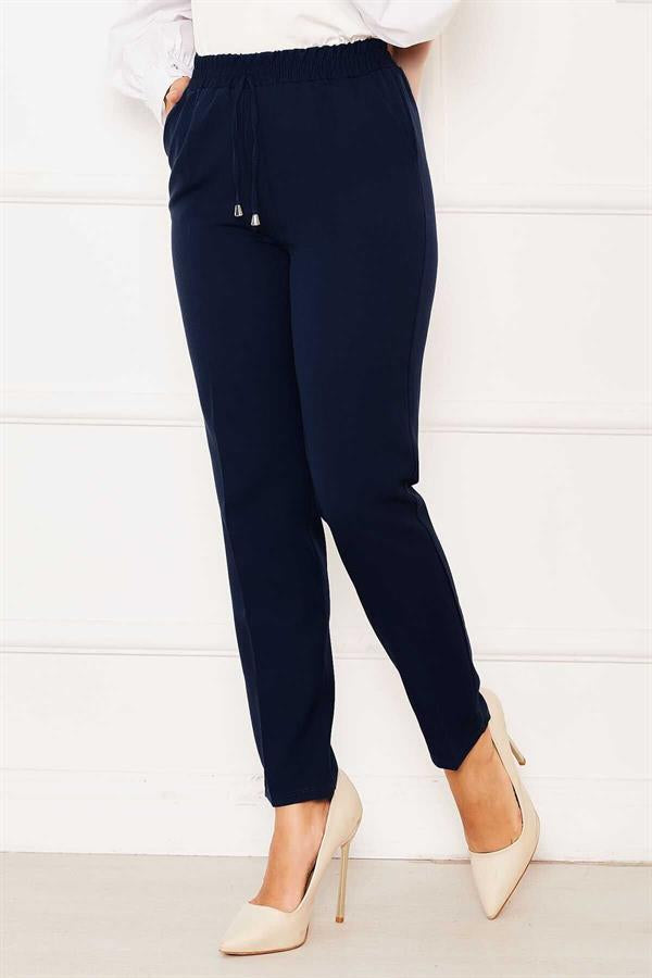 Elastic Waist Skinny Leg Trousers Navy Blue
