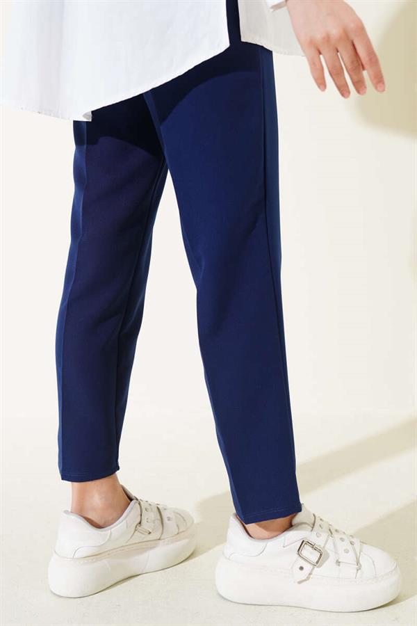 Elastic Waist Skinny Leg Trousers Navy Blue