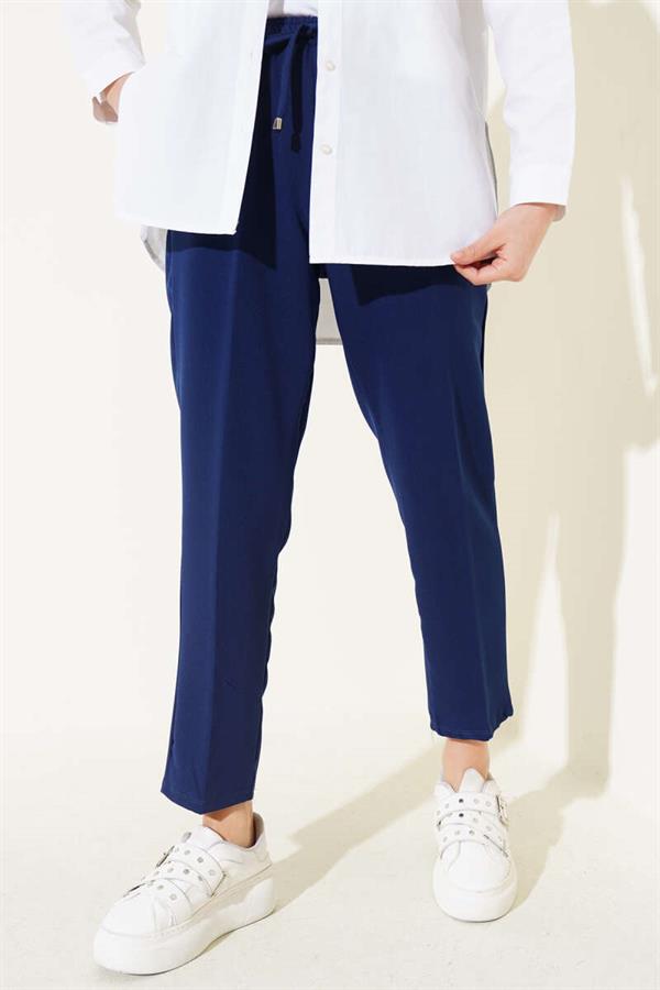 Elastic Waist Skinny Leg Trousers Navy Blue