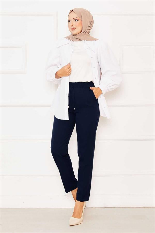 Elastic Waist Skinny Leg Trousers Navy Blue
