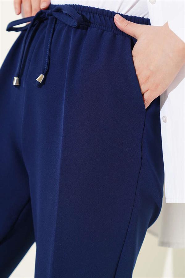 Elastic Waist Skinny Leg Trousers Navy Blue