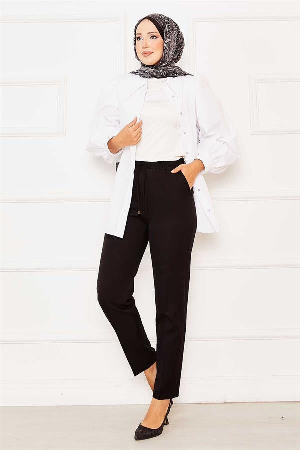 Elastic Waist Skinny Leg Trousers Black