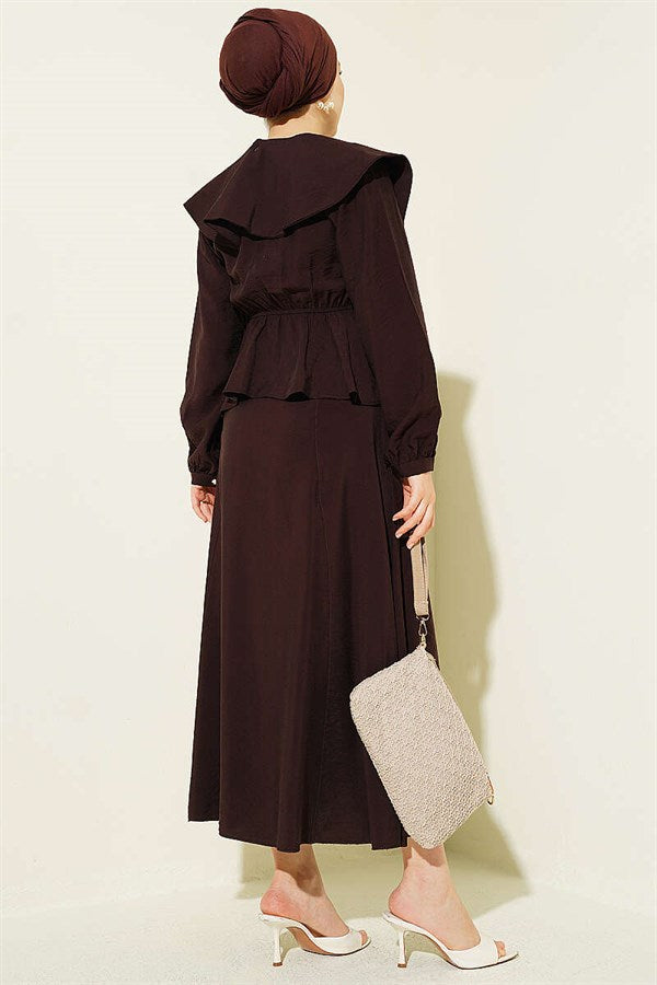 2 Piece Set with Elastic Waist, Sailor Collar, and Skirt (Coffee)