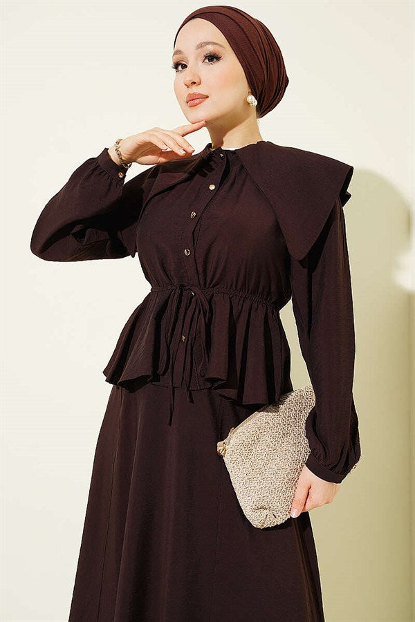 2 Piece Set with Elastic Waist, Sailor Collar, and Skirt (Coffee)