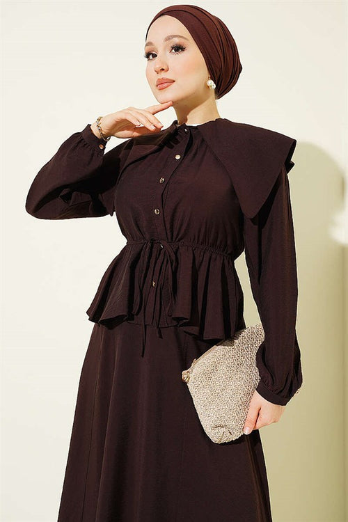 2 Piece Set with Elastic Waist, Sailor Collar, and Skirt (Coffee)