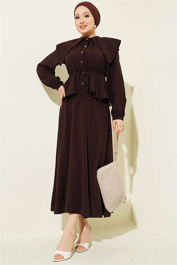 2 Piece Set with Elastic Waist, Sailor Collar, and Skirt (Coffee)