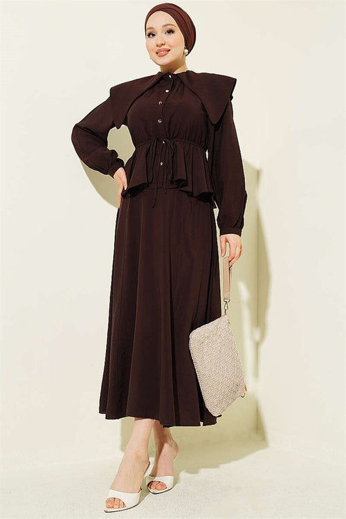 2 Piece Set with Elastic Waist, Sailor Collar, and Skirt (Coffee)