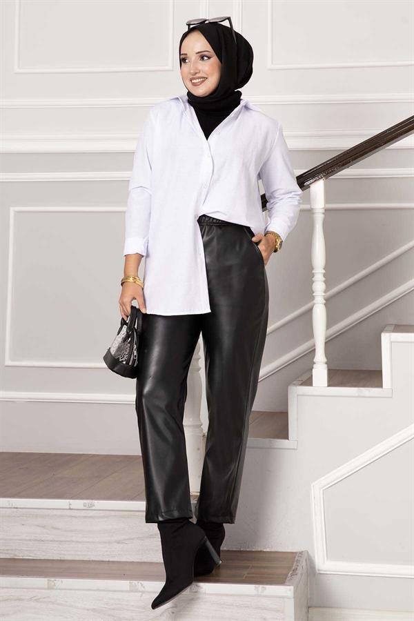 Elastic Waist Leather Trousers Black