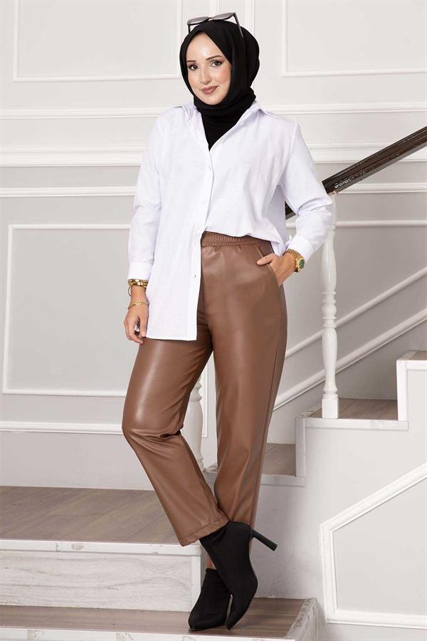 Elastic Waist Leather Trousers Tan