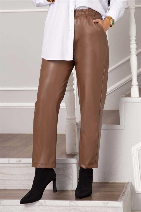 Elastic Waist Leather Trousers Tan