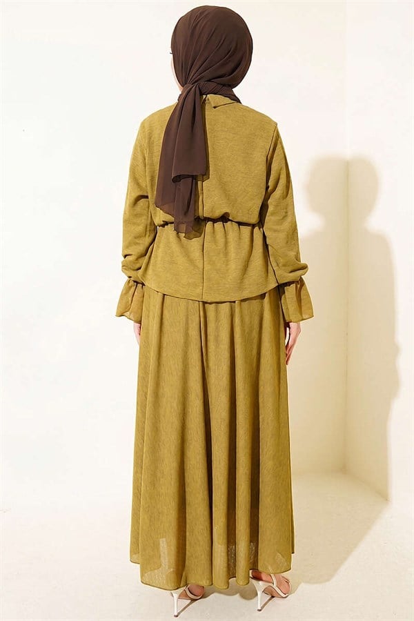 2 Piece Set with Elastic Waist Patterned Skirt in Olive Green