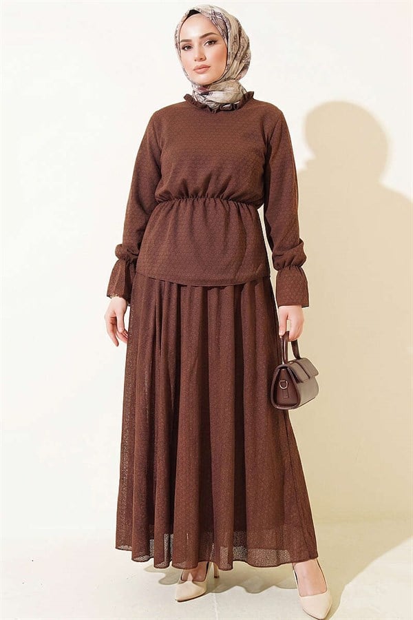 2 Piece Set with Elastic Waist Patterned Skirt in Coffee Brown