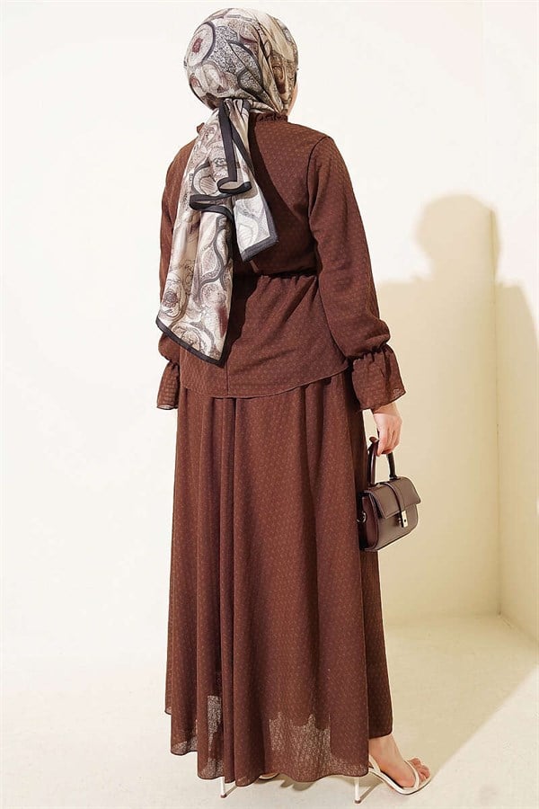 2 Piece Set with Elastic Waist Patterned Skirt in Coffee Brown