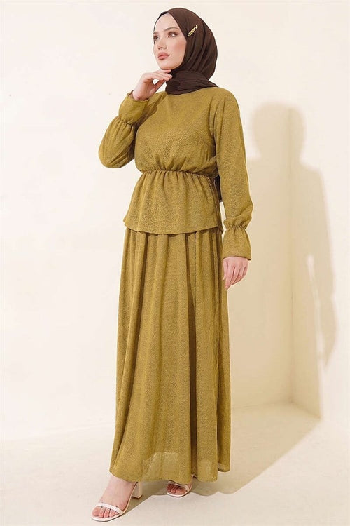 2 Piece Set with Elastic Waist Patterned Skirt in Olive Green