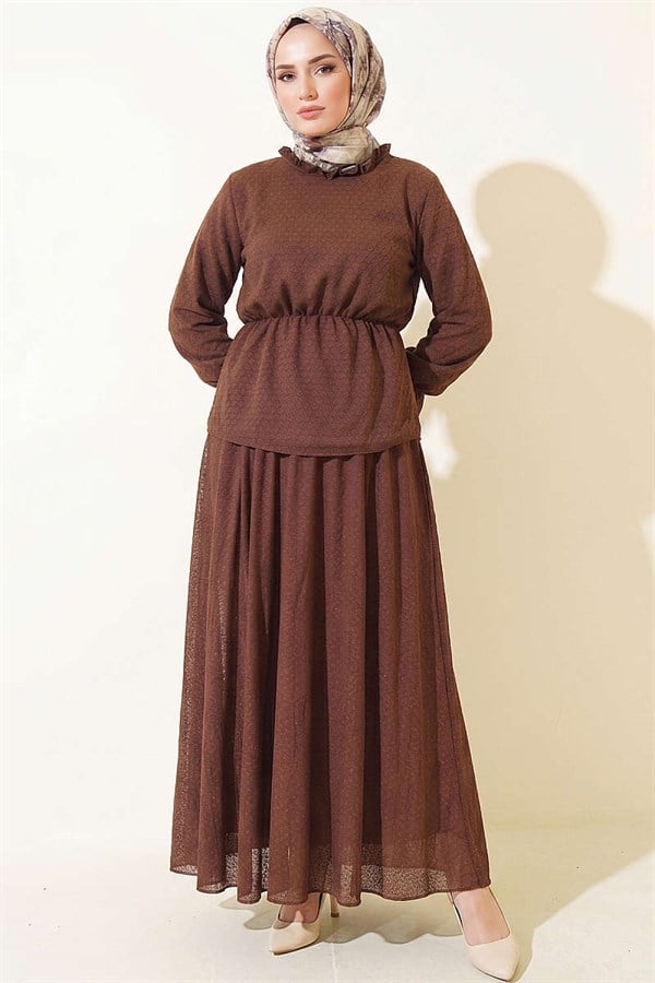 2 Piece Set with Elastic Waist Patterned Skirt in Coffee Brown