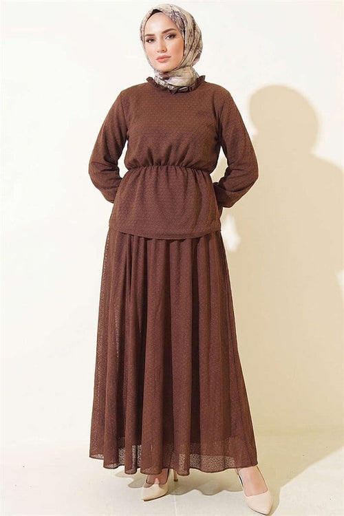 2 Piece Set with Elastic Waist Patterned Skirt in Coffee Brown