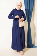 2 Piece Set with patterned skirt and elasticated waist, navy blue.