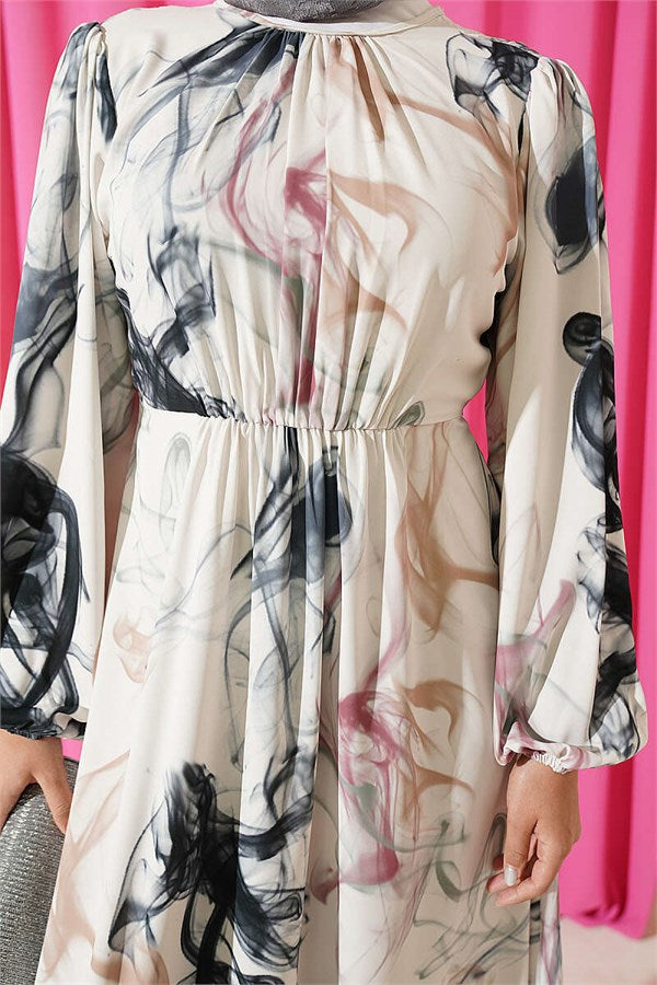 Digital Satin Dress with Elastic Waist, Smoke Grey