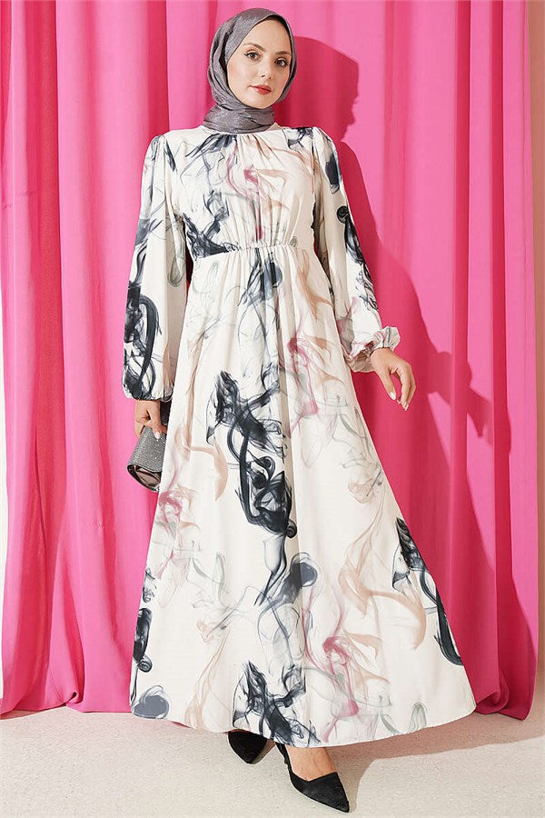 Digital Satin Dress with Elastic Waist, Smoke Grey