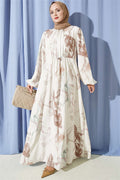 Digital Satin Dress with Elastic Waist, Brown