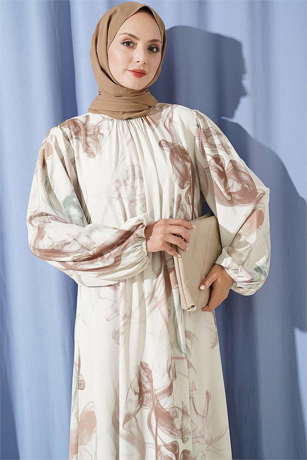 Digital Satin Dress with Elastic Waist, Brown