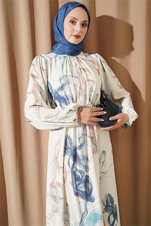Elastic Waist Digital Satin Dress Blue