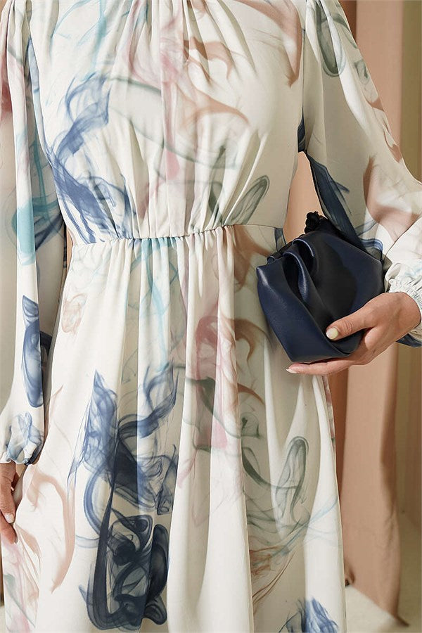 Elastic Waist Digital Satin Dress Blue