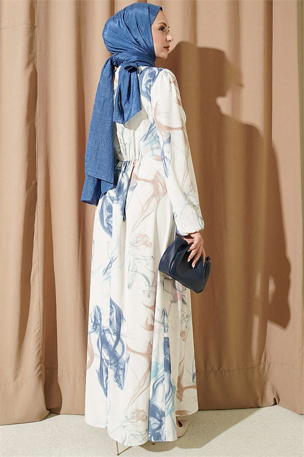 Elastic Waist Digital Satin Dress Blue