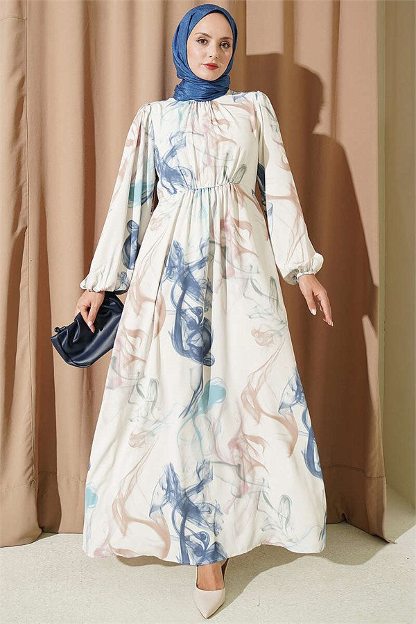 Elastic Waist Digital Satin Dress Blue
