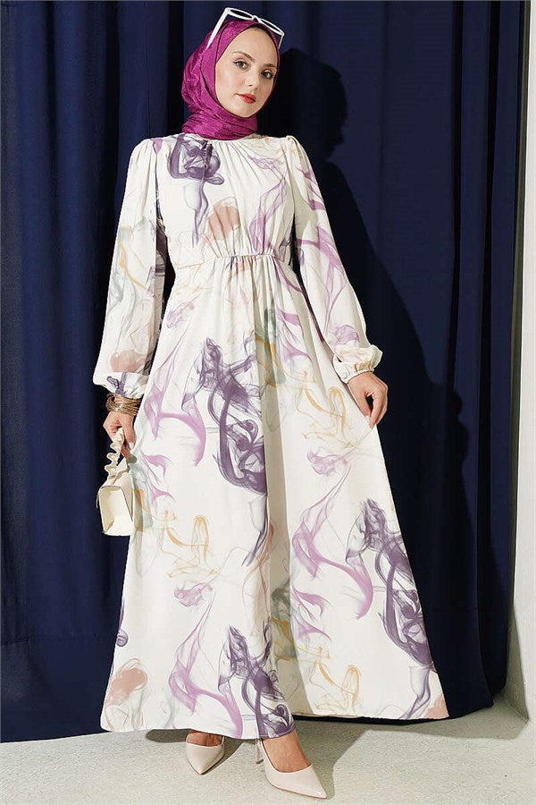 Elastic Waist Digital Satin Dress Purple