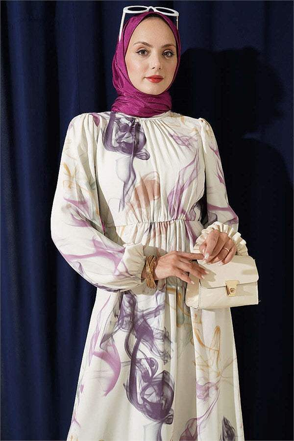 Elastic Waist Digital Satin Dress Purple