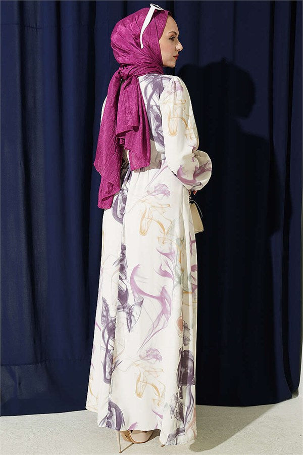 Elastic Waist Digital Satin Dress Purple